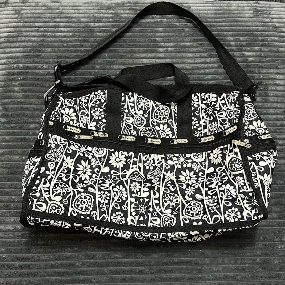 LeSportsac Large Floral Black And White Duffle Bag - Picture 6 of 13